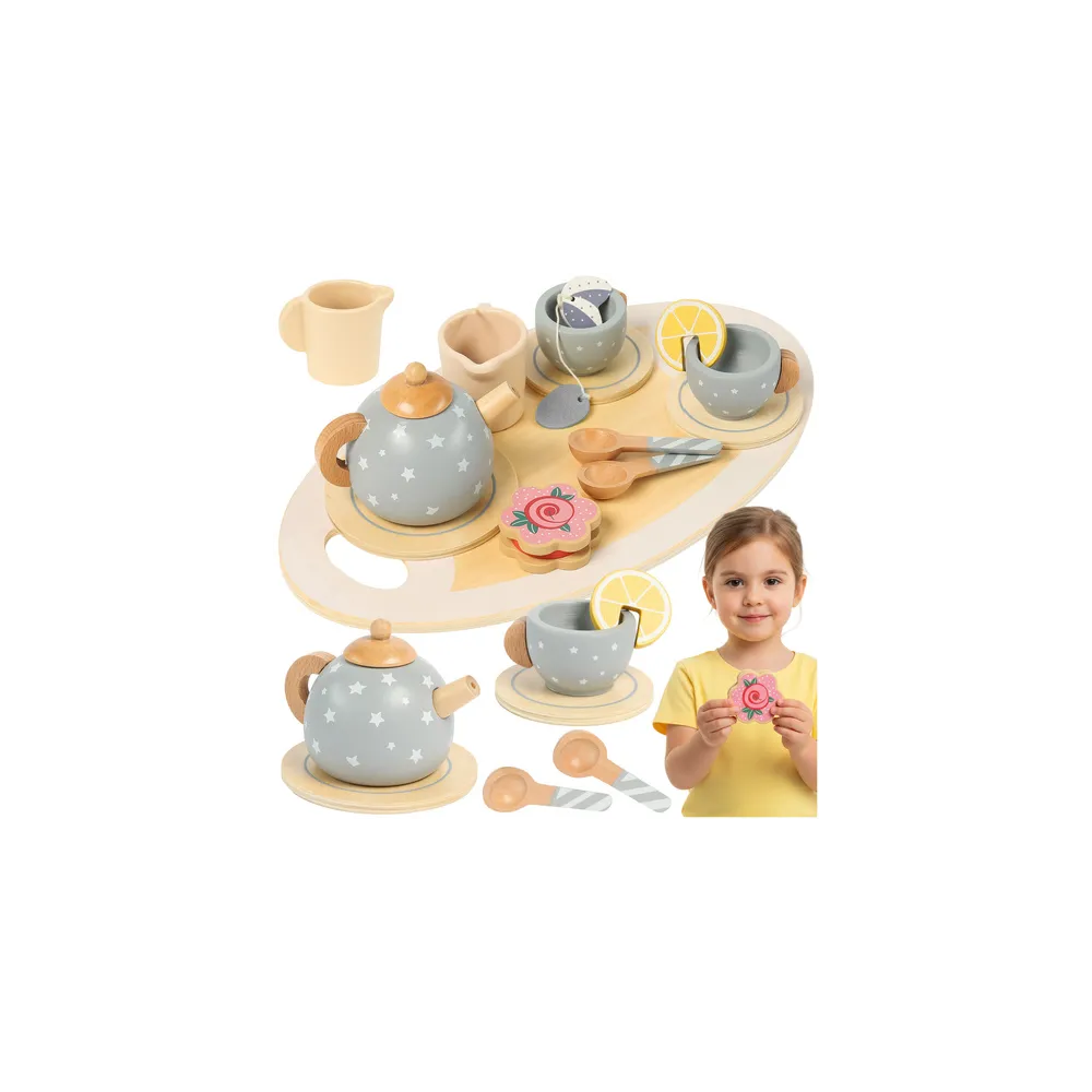 drewniany zestaw do herbaty szary dla dzieci na tacy z uchwytami