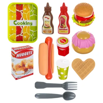 pudełko na frytki, ketchup i inne akcesoria zabawkowego zestawu