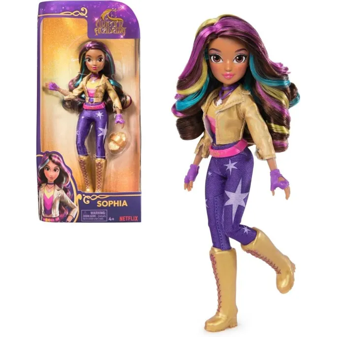Lalka Sophia z tęczowymi włosami i kolorowymi akcesoriami przyjazna dzieciom