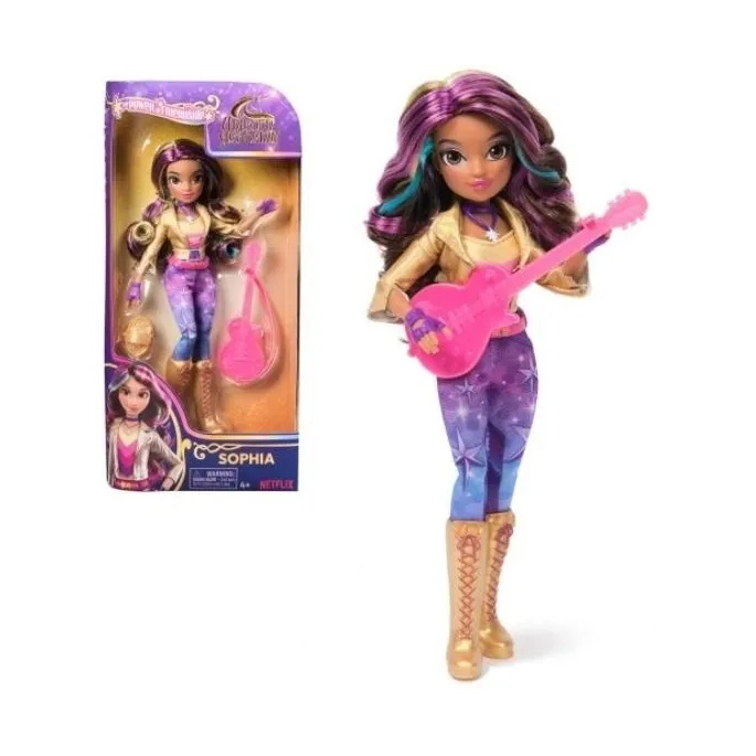 Lalka Sophia z Akademii Jednorożców w kolorowym stroju z tęczowymi włosami