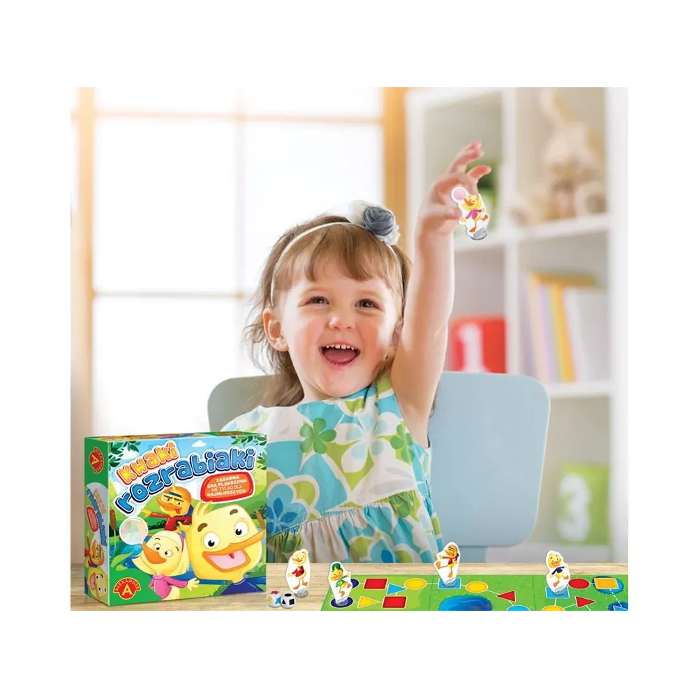 Elementy gry planszowej Kwaki rozrabiaki: pionki, kostki i plansza