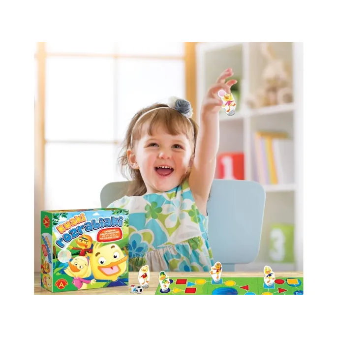 Elementy gry planszowej Kwaki rozrabiaki: pionki, kostki i plansza