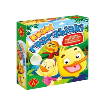 Zbliżenie na szczegóły grafiki gry planszowej Kwaki rozrabiaki