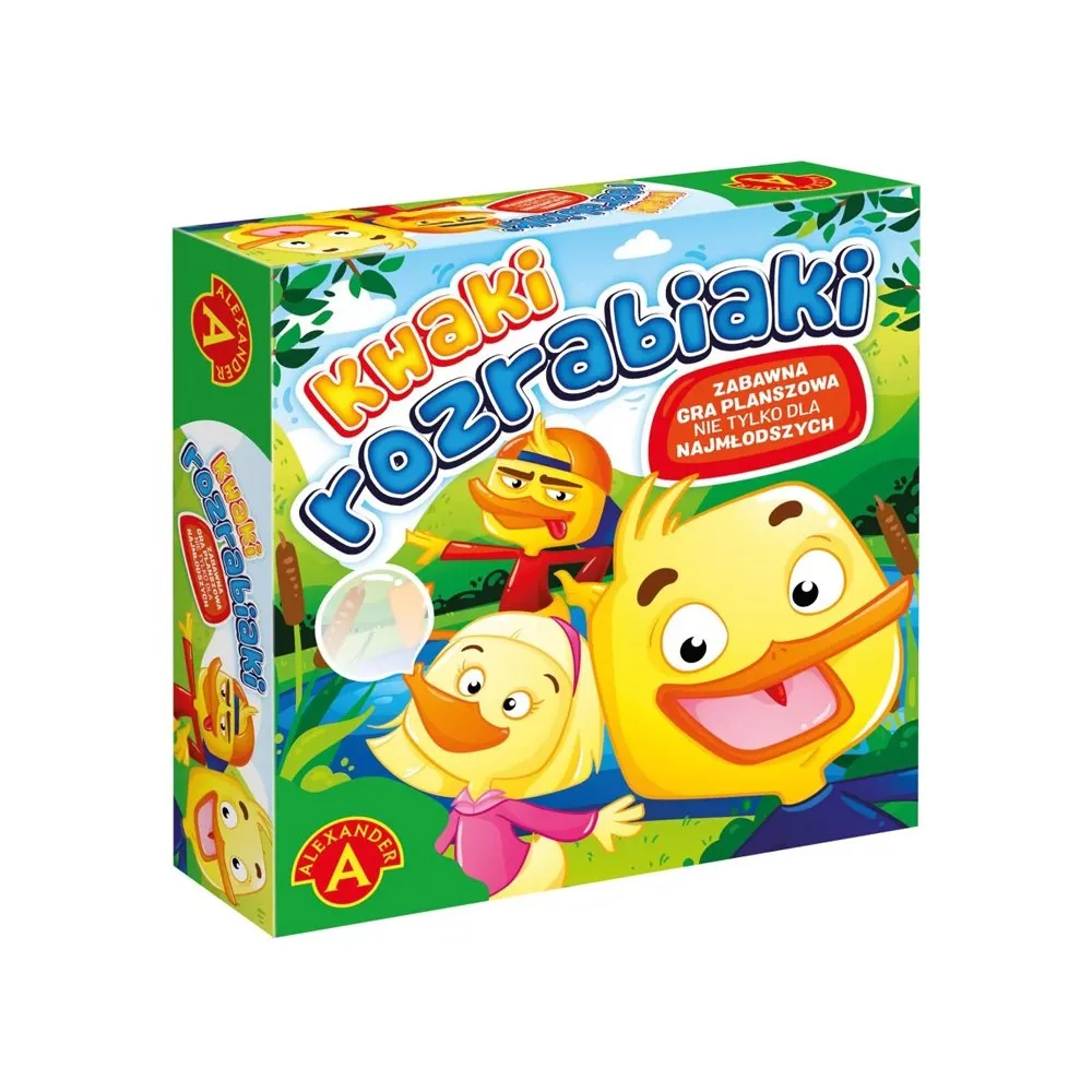 Zbliżenie na szczegóły grafiki gry planszowej Kwaki rozrabiaki
