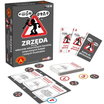 Opakowanie gry towarzyskiej ZRZĘDA z widocznym zestawem kart i planszą