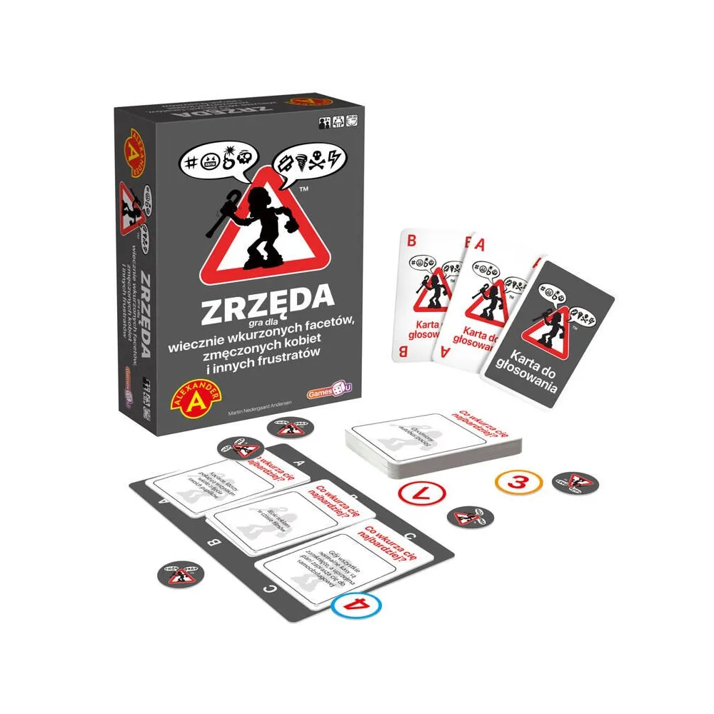 Opakowanie gry towarzyskiej ZRZĘDA z widocznym zestawem kart i planszą