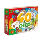 Elementy zestawu 40 gier: plansze, pionki, karty i domino rozmieszczone na stole