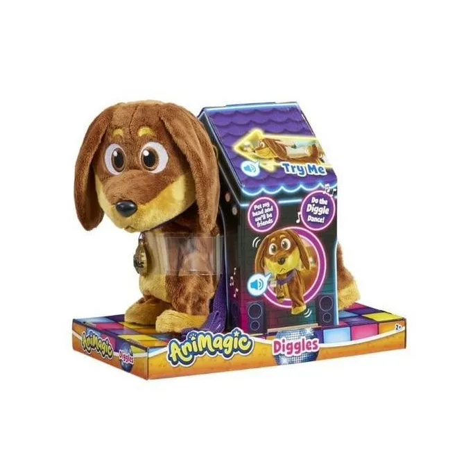 Interaktywny piesek Animagic Diggles na fioletowej smyczy, detal miękkiego futerka