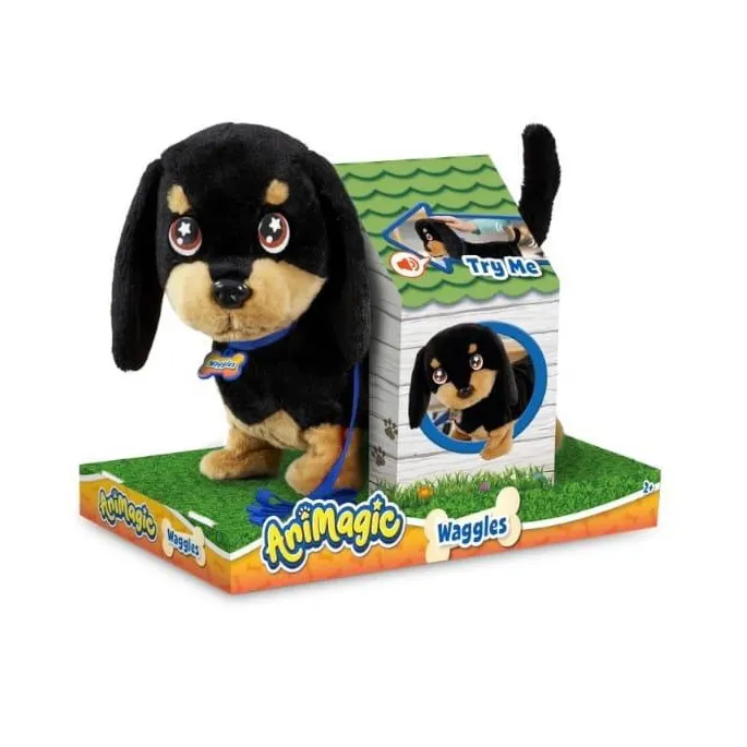 Interaktywny piesek Animagic Waggles na niebieskiej smyczy w realistycznym futerku