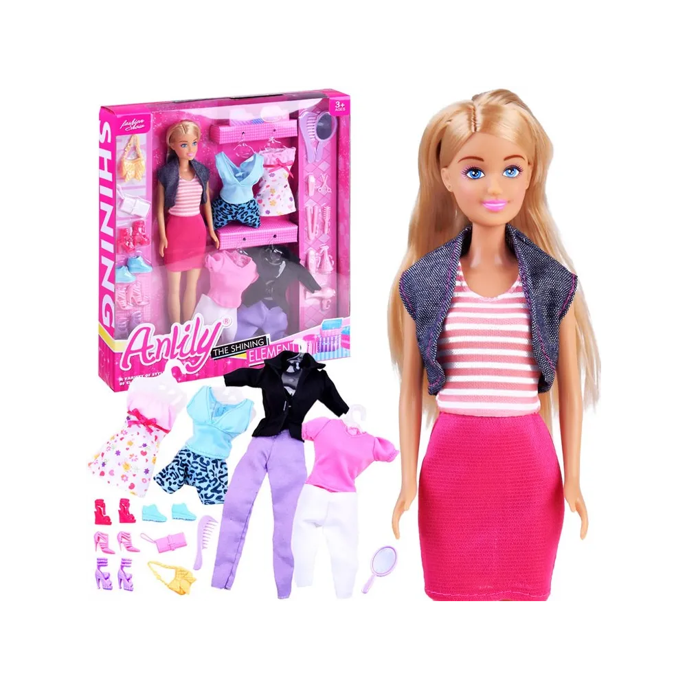 lalka Anlily z długimi włosami i sukienką na tle akcesoriów