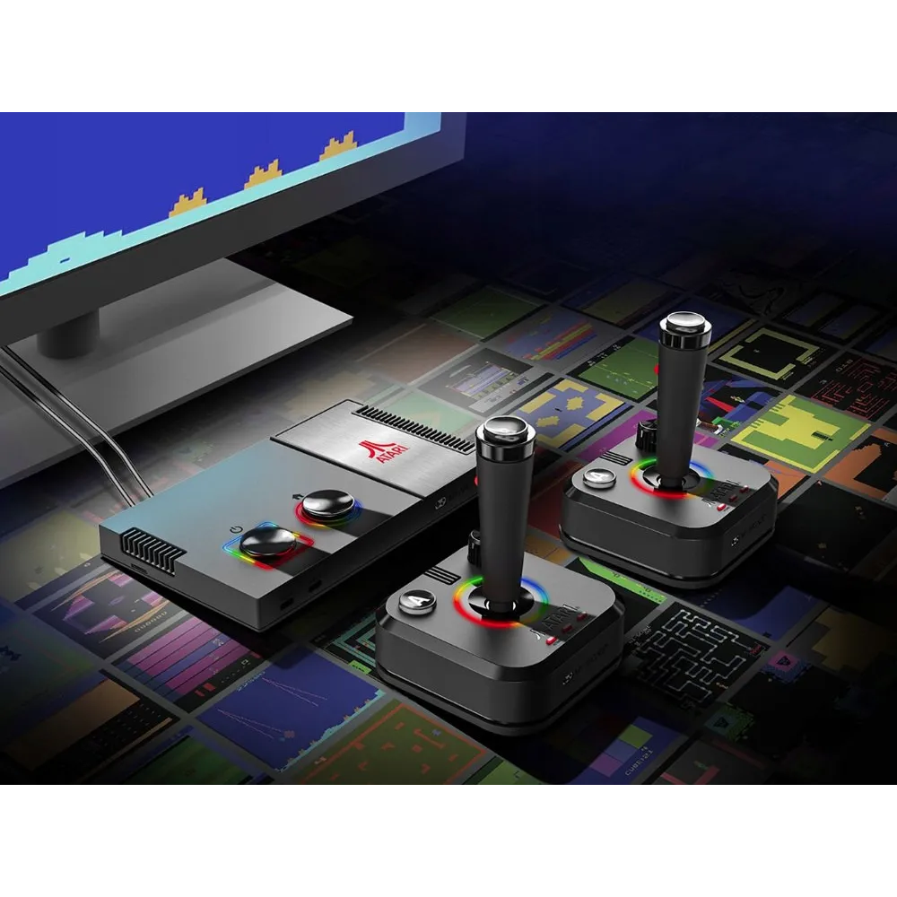 zbliżenie na podświetlenie LED RGB konsoli Atari w ciemnym pomieszczeniu