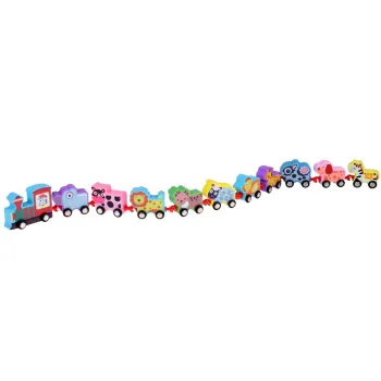 wszystkie klocki zwierzątka ułożone w jeden skład kolejowy