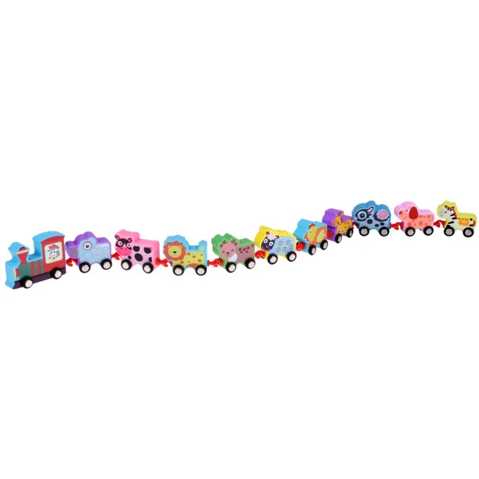 wszystkie klocki zwierzątka ułożone w jeden skład kolejowy