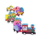 kolorowa stylistyka drewnianych wagoników z plastikowymi kółkami