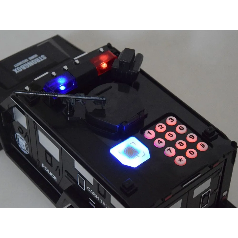 Widok z przodu na autko łączące funkcję sejfu i zabawkowego pojazdu