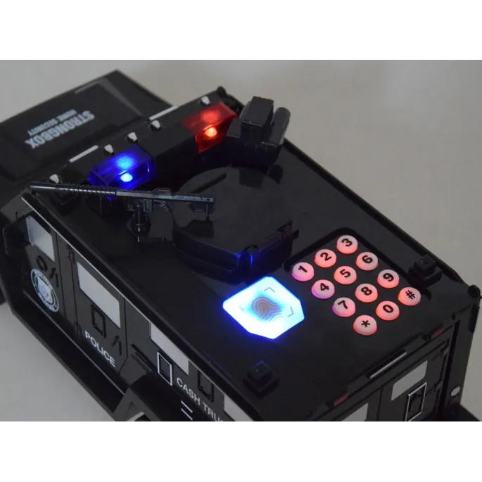 Widok z przodu na autko łączące funkcję sejfu i zabawkowego pojazdu