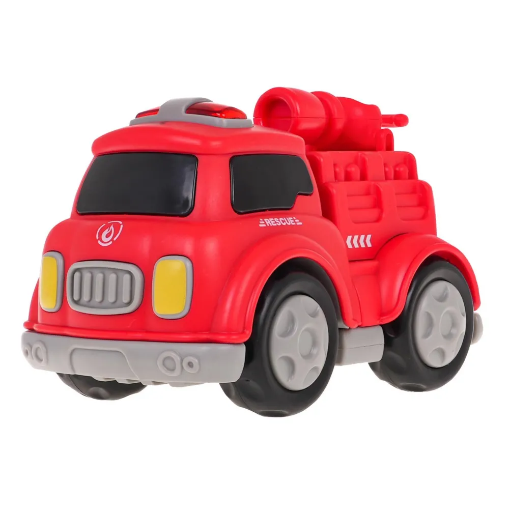 Zbliżenie na detale plastikowego autka strażackiego z efektami świetlnymi