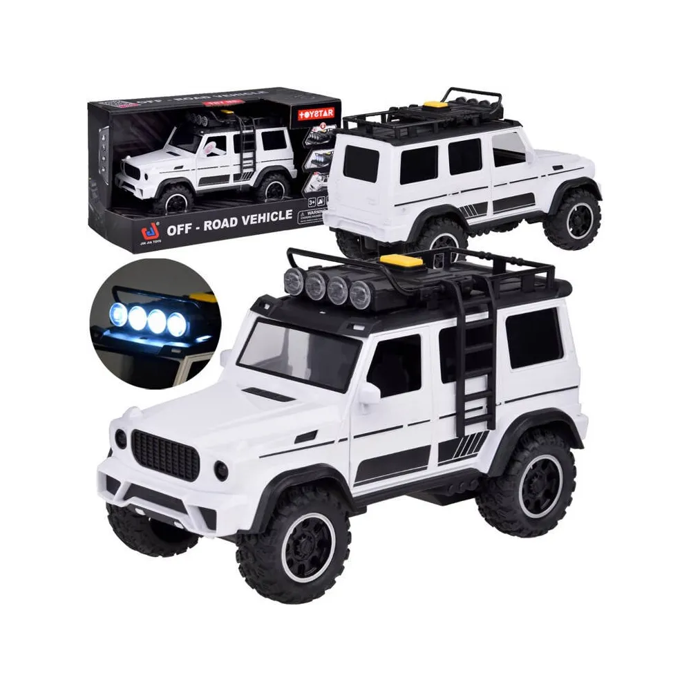 Autko terenowe OFF-ROAD na białym tle z wyraźnymi gumowymi oponami