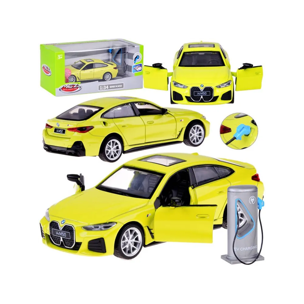 metalowy model bmw i4 m50 gran coupe w skali 1:34 z limonkową karoserią