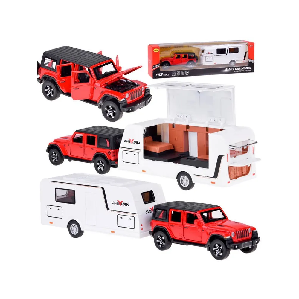 samochód terenowy i przyczepa kempingowa na białym tle