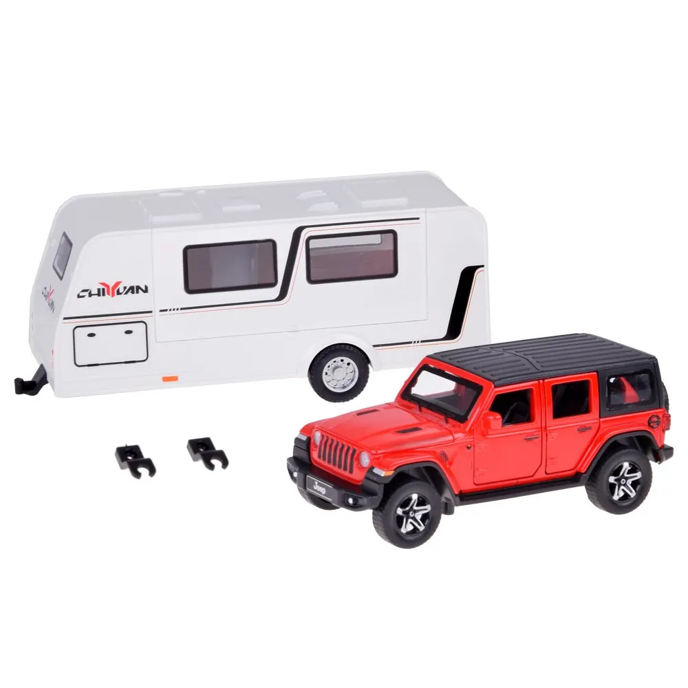 przyczepa kempingowa z otwartymi drzwiczkami i wyposażeniem