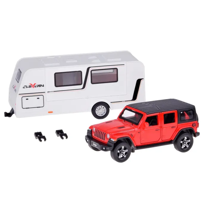 przyczepa kempingowa z otwartymi drzwiczkami i wyposażeniem