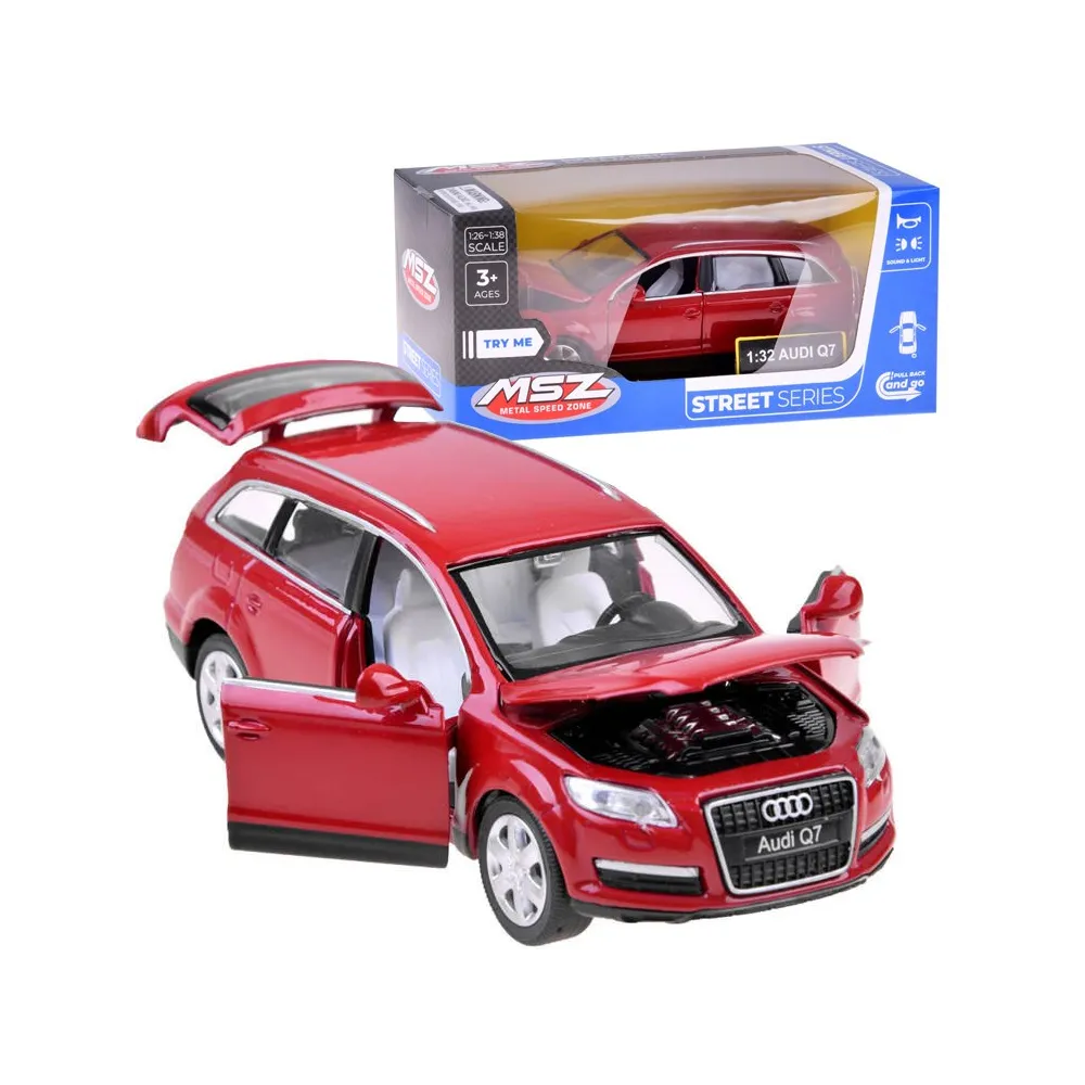 metalowy model samochodu suv audi q7 1:32 w czerwonym kolorze na tle białym
