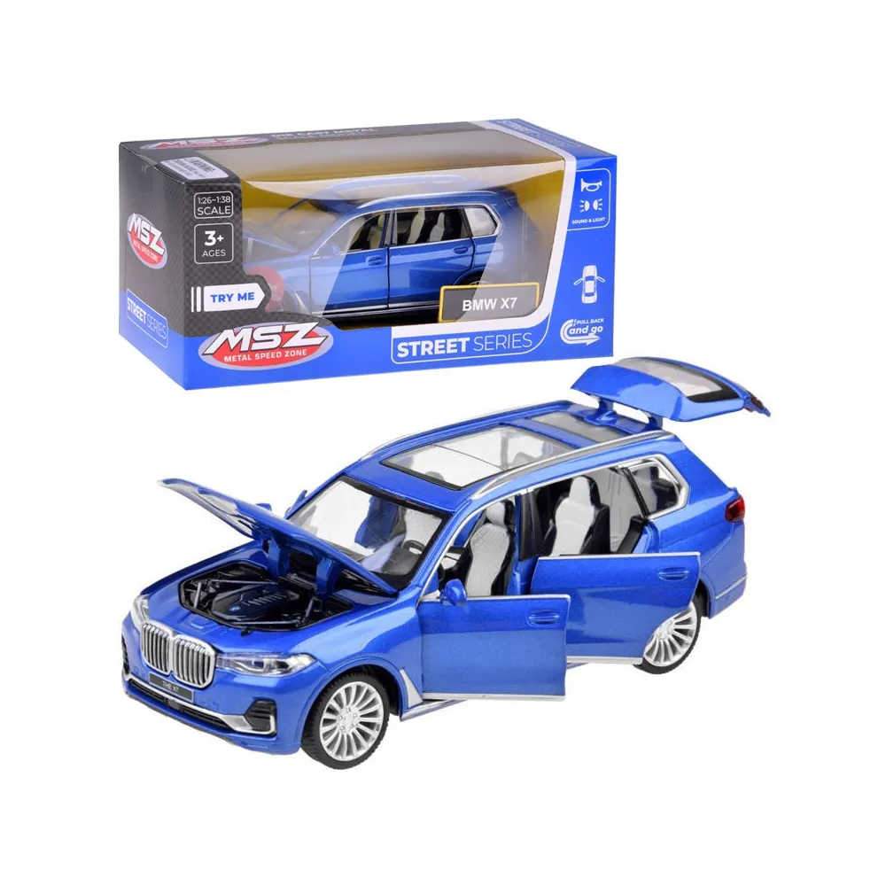 Metalowy model BMW X7 1:32 z niebieskim lakierem widoczny z boku