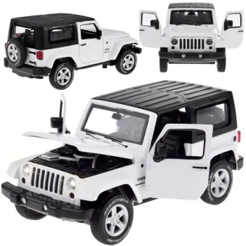 metalowy model jeep wrangler 1:32 widok z boku na białe nadwozie