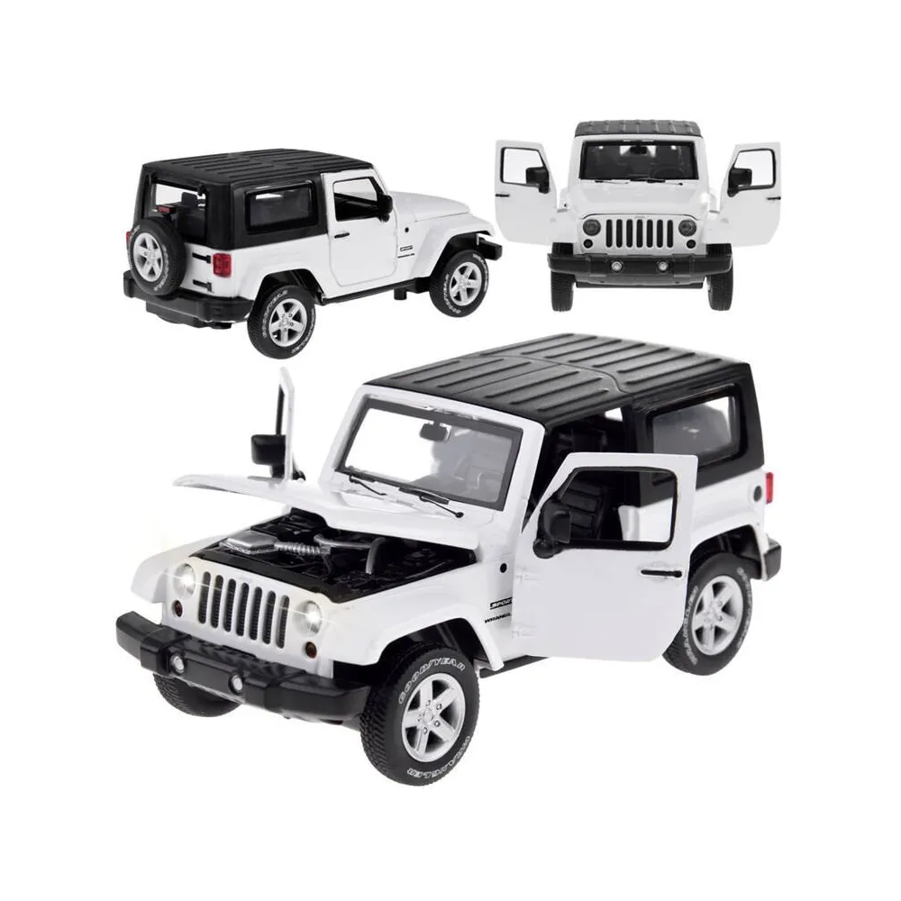 metalowy model jeep wrangler 1:32 widok z boku na białe nadwozie
