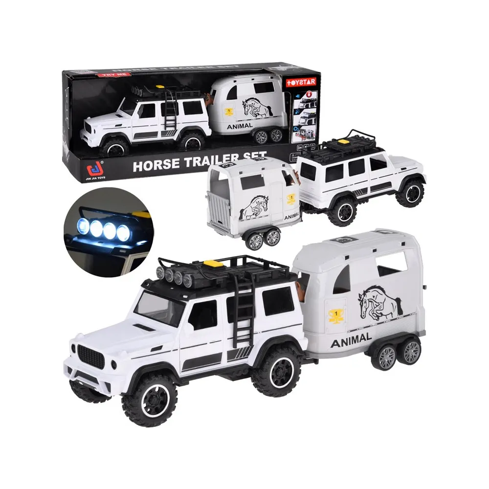 auto terenowe z przyczepą bukmanką i figurką konia na białym tle