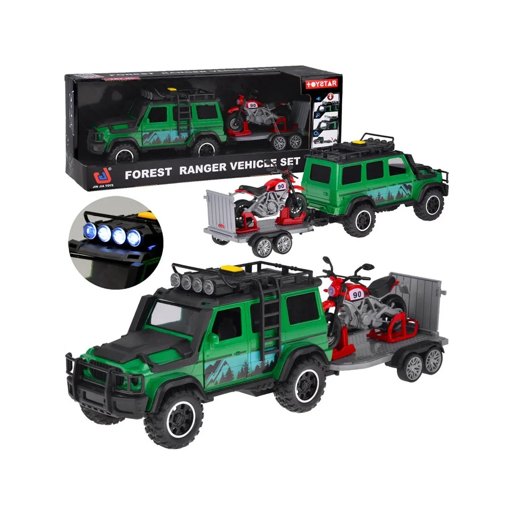 auto terenowe z zielonym lakierem i motywem leśnym na tle białym