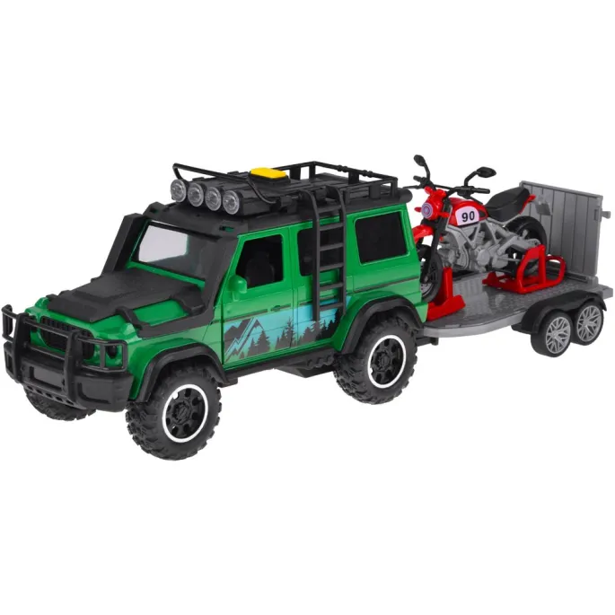 przyczepa laweta z motorem zamocowanym na platformie z widoczną klapą