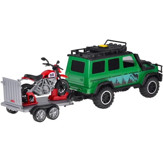 widok całego zestawu: auto, laweta i motor ustawione w rzędzie