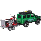 widok całego zestawu: auto, laweta i motor ustawione w rzędzie