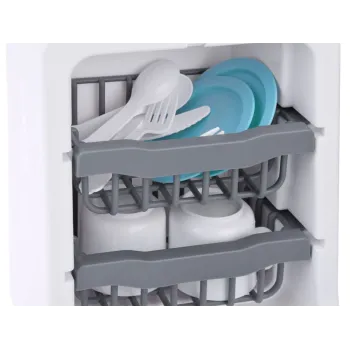 zestaw naczyń i sztućców dołączony do zabawkowej zmywarki