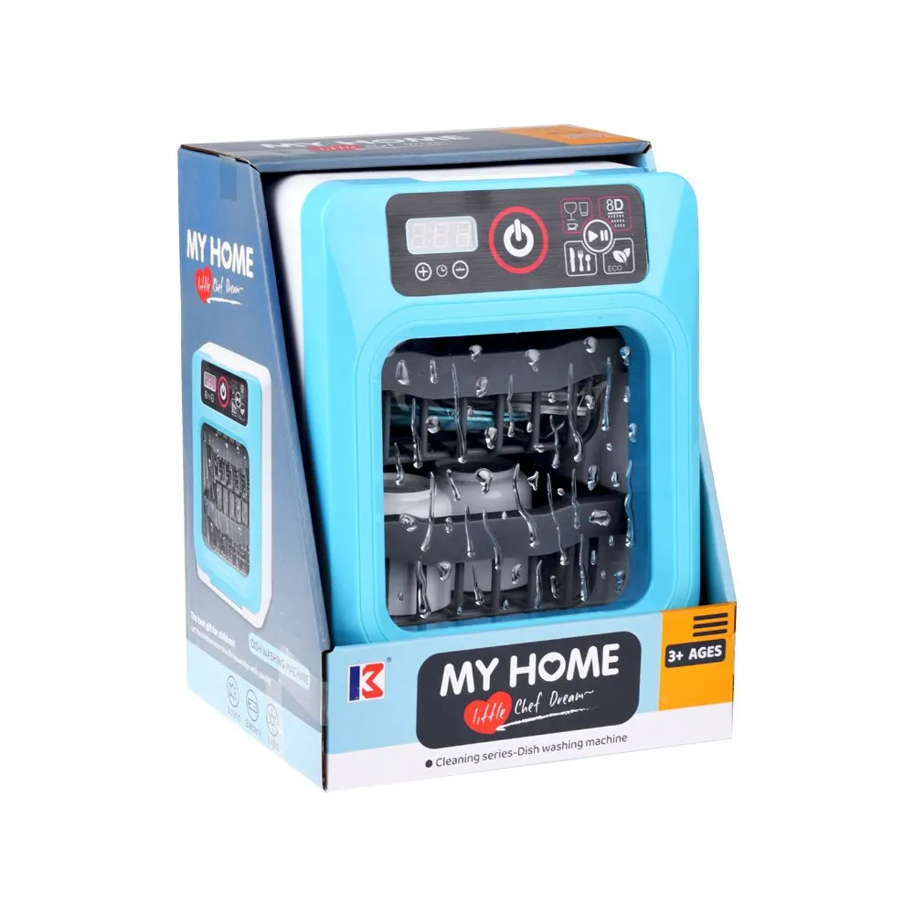 dziecko wkłada naczynia do otwartej zmywarki zabawkowej