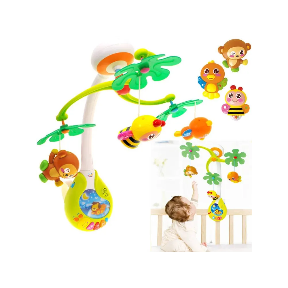 interaktywna karuzelka z kolorowymi zawieszkami w dziecięcym łóżeczku