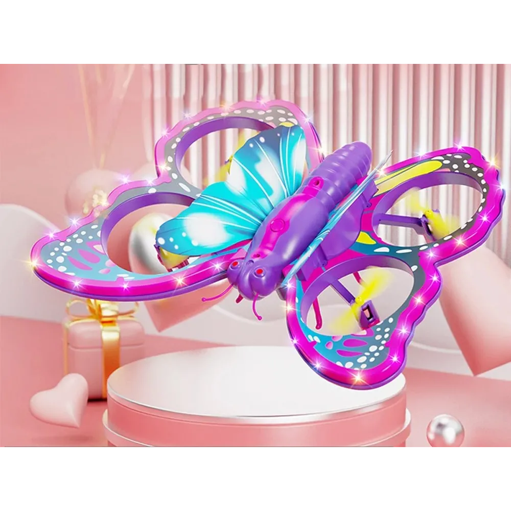 pilot w formie magicznej różdżki obok kolorowego motyla drona