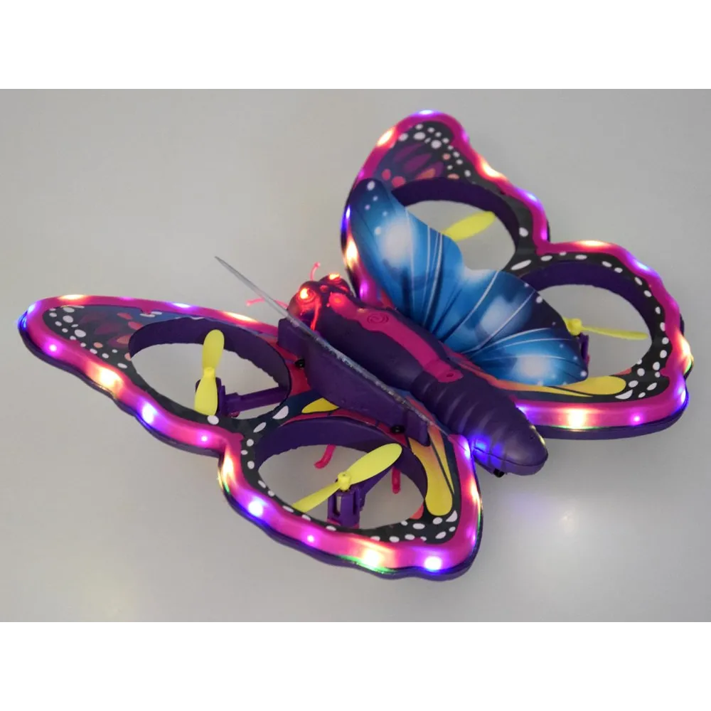 efektowne diody led na skrzydłach i głowie motyla drona