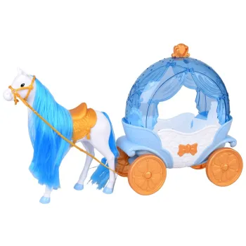 zestaw do zabawy: lalka, koń i karoca na tle kolorowego pudełka