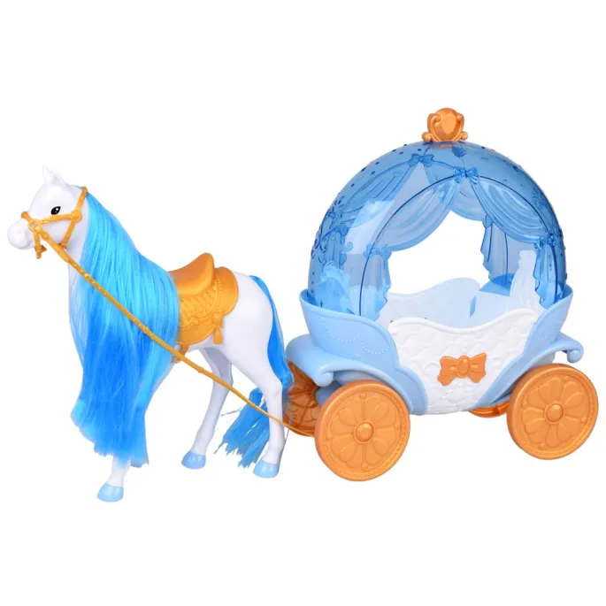 zestaw do zabawy: lalka, koń i karoca na tle kolorowego pudełka