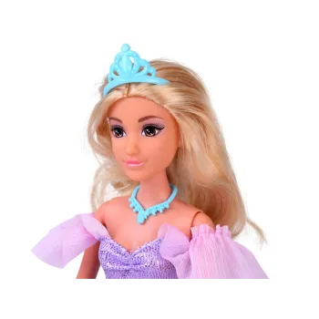 szczegół sukni księżniczki w odcieniach niebieskiego i różowego ze złotą kokardą