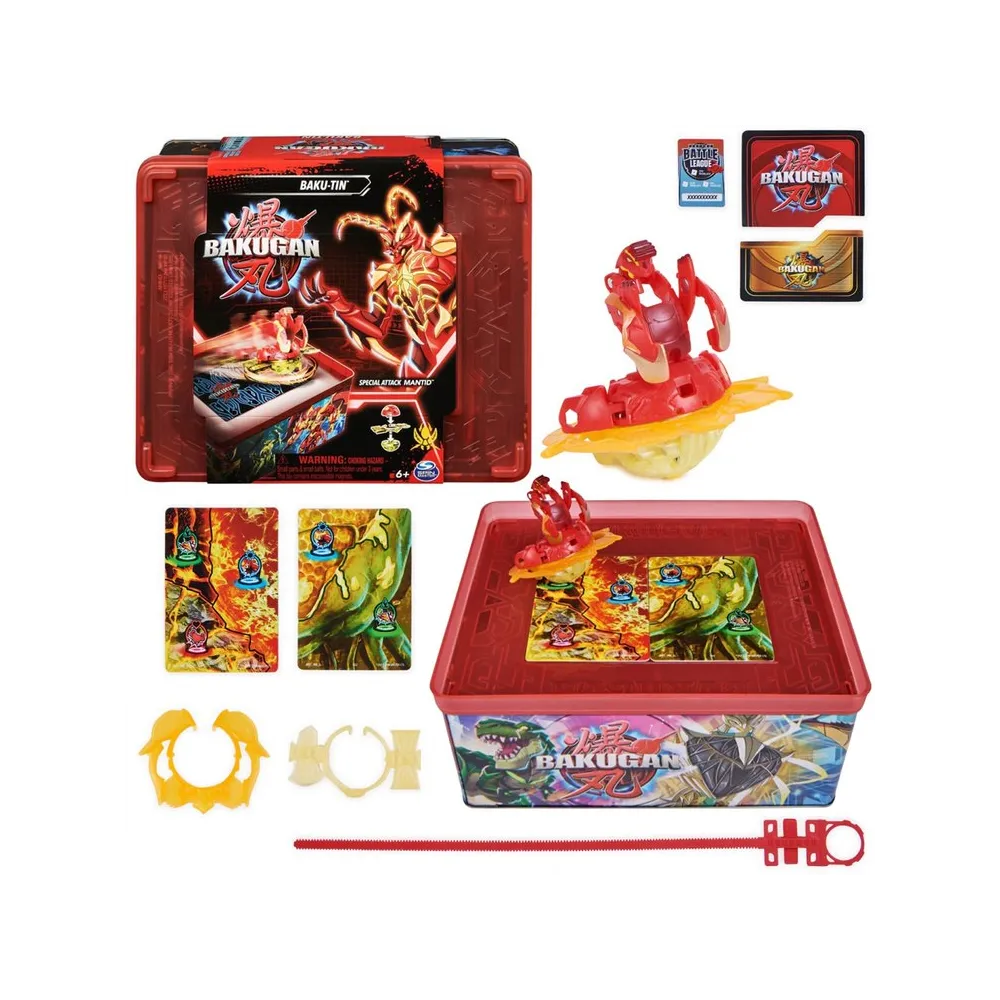 Puszka kolekcjonerska Bakugan z figurkami i kartami na białym tle