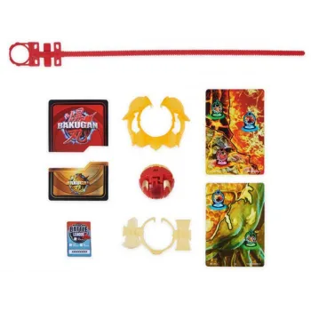 Kompletny zestaw Bakugan z kartami i figurkami rozłożonymi obok puszki