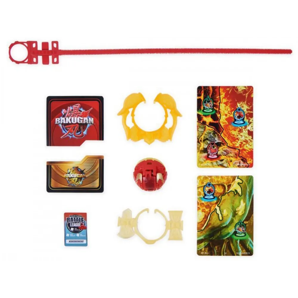 Kompletny zestaw Bakugan z kartami i figurkami rozłożonymi obok puszki