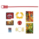 Kompletny zestaw Bakugan z kartami i figurkami rozłożonymi obok puszki