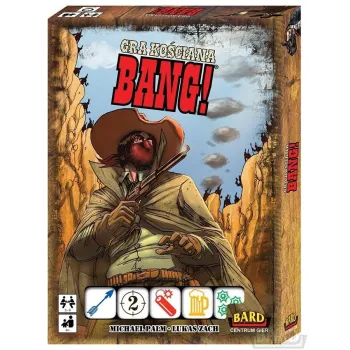 Bang! Gra kościana z kolorowymi kośćmi i komiksowymi ilustracjami na stole