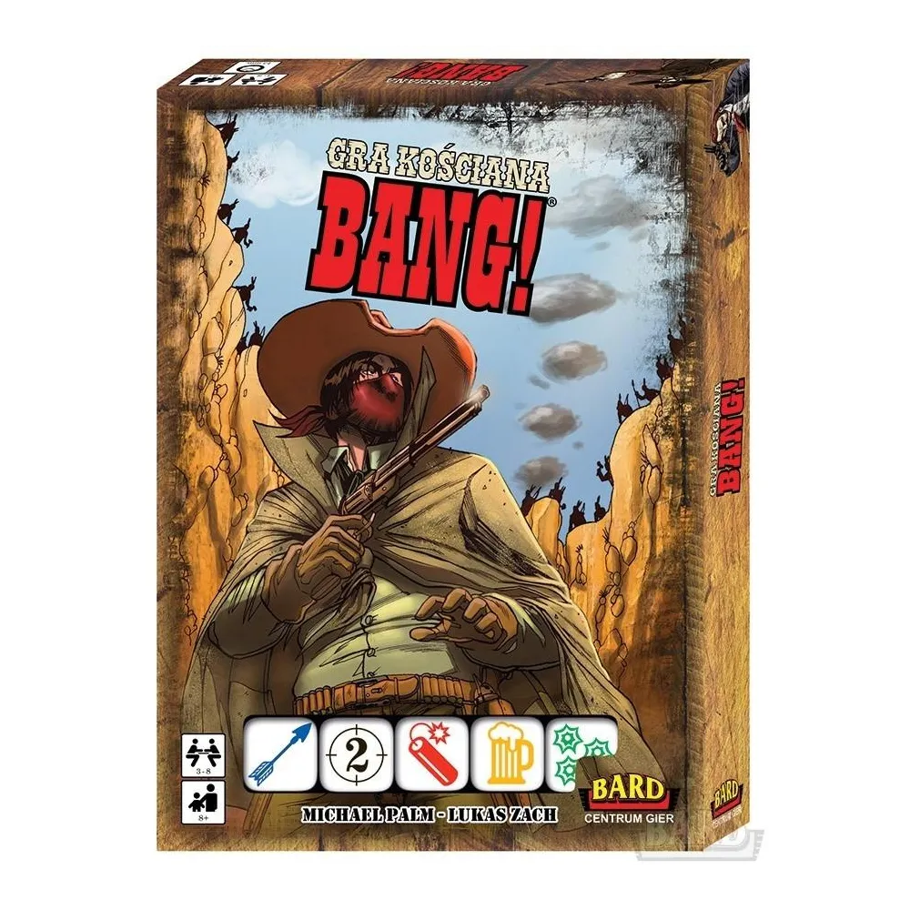 Bang! Gra kościana z kolorowymi kośćmi i komiksowymi ilustracjami na stole