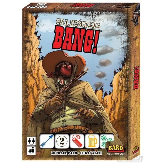 Bang! Gra kościana z kolorowymi kośćmi i komiksowymi ilustracjami na stole